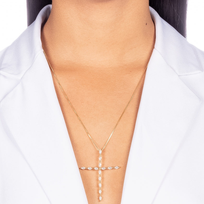 Long Necklace Crystal Navete Cross