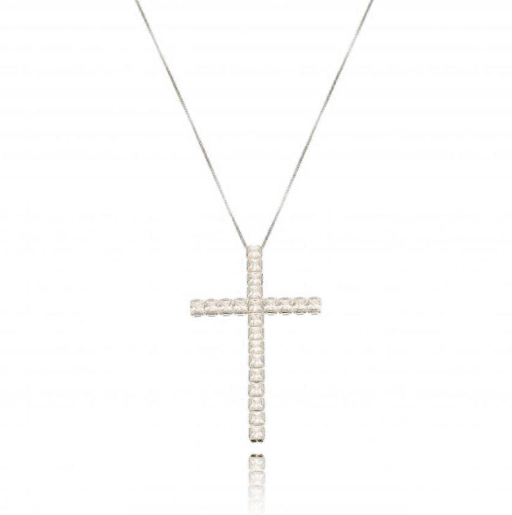 White Rhodium filled Crystal Cross Stitched Necklace